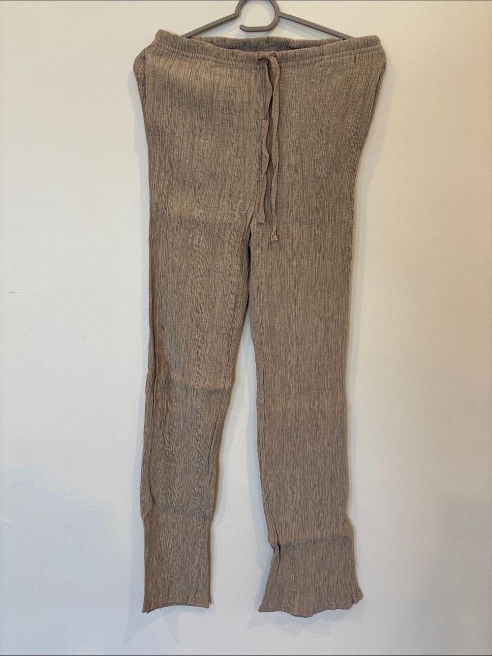 Beige Ribbed Drawstring Knit Pants